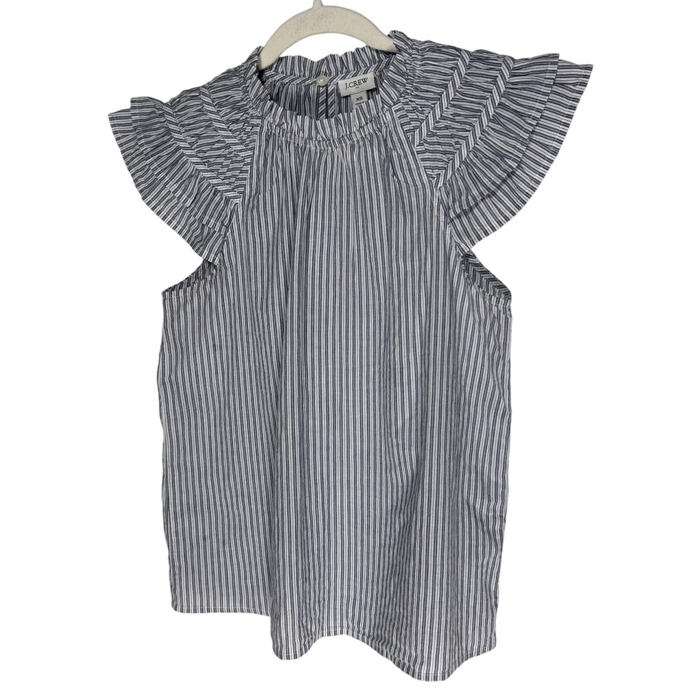 J.Crew Womens XS Blue White Striped Ruffle Flutter Sleeve Cotton Blouse Top